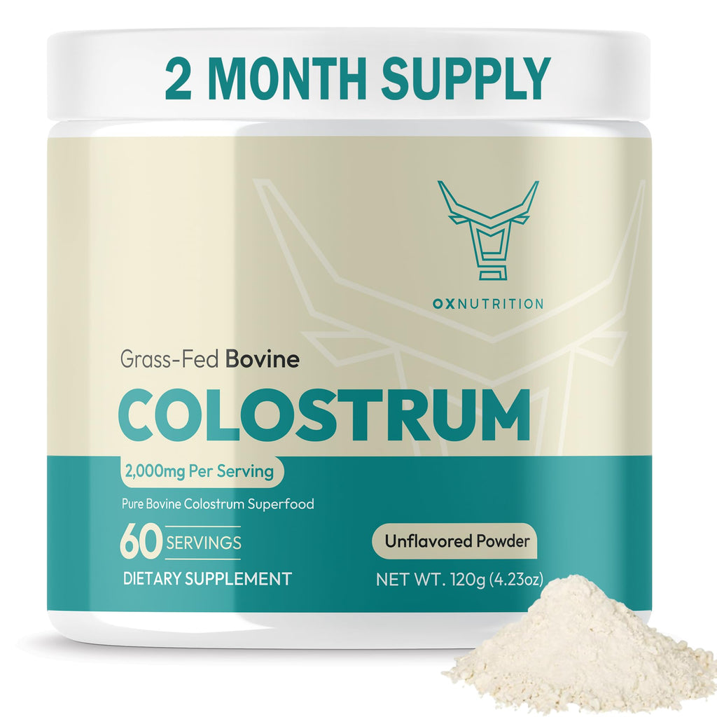 OXNUTRITION Colostrum Powder for Gut Health, Immune Support, Muscle Recovery, Hair & Beauty | Pure Gress Fed Bovine Colostrum for Humans, Natural IgG, Unflavored, 60 Servings