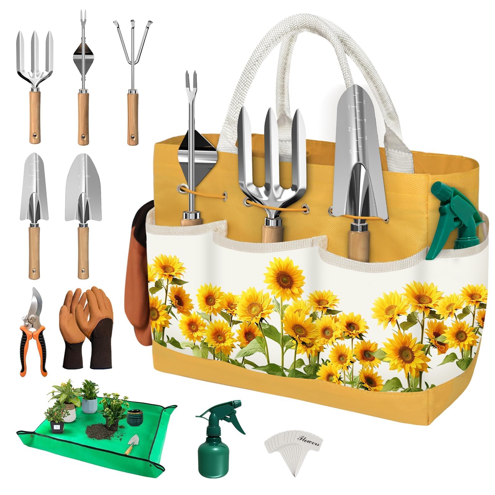 22Pcs Gardening Tools Set for Women Heavy Duty Garden Hand Tool Kit,Birthday Gifts for Mom Wife Grandma Beginner,Gardening Accessories with Sunflower Tote Bag/Shovel/RepottingMat/Plant Labels/Gloves