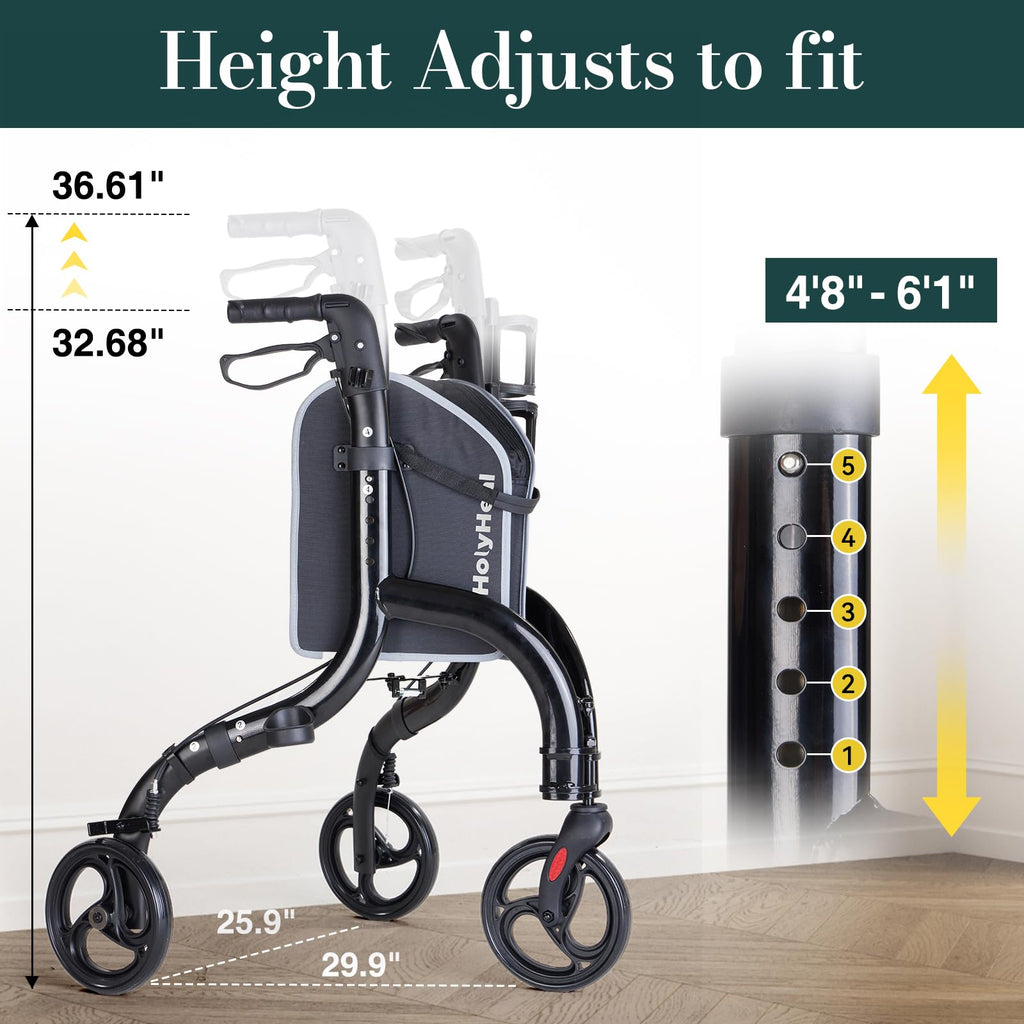 HolyHeal 3 Wheel Walkers for Seniors, Lightweight Rollator Walkers Foldable for Elderly with Cane Hold and Cup Hold, Height Adjustable Aluminum Three Wheel Rolling Walker Mobility Aid, Black