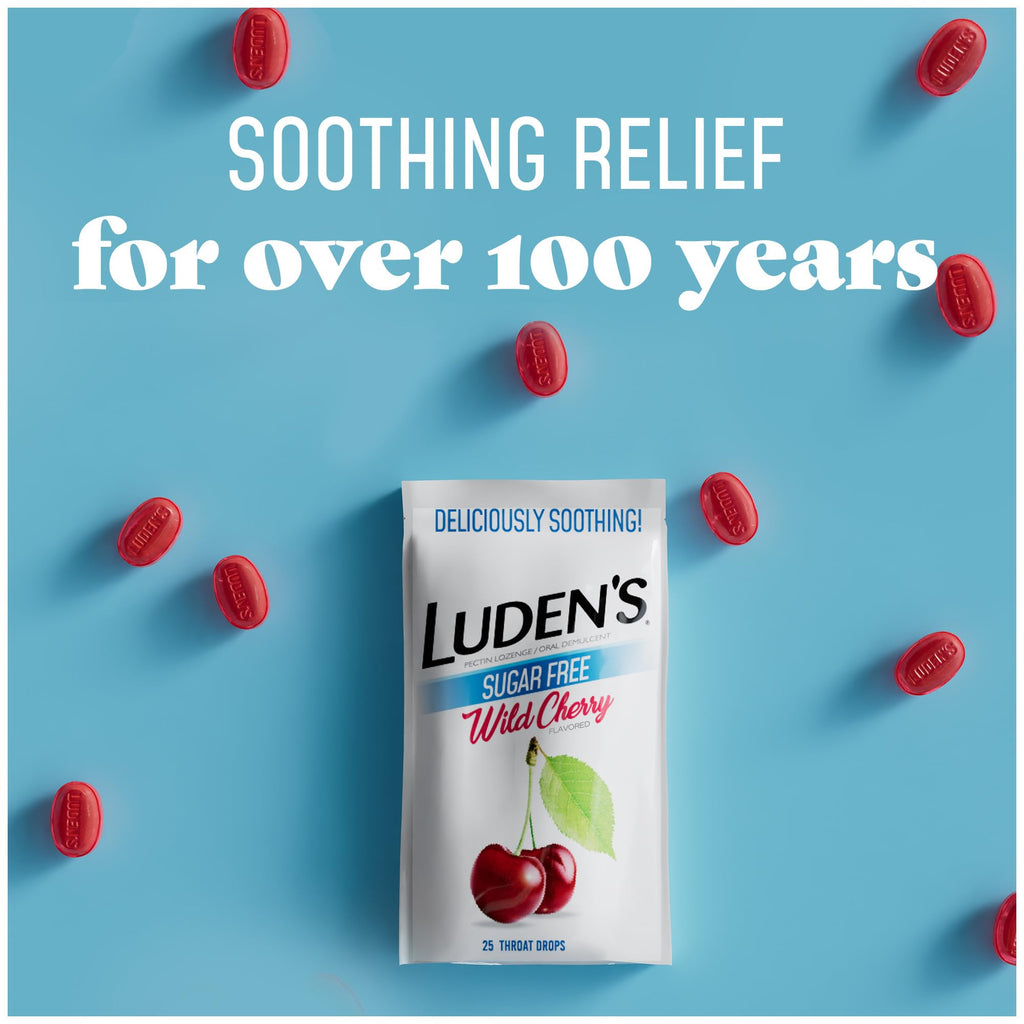 Luden's Sore Throat Relief Lozenges for Minor Everyday Irritation & Dry Mouth, Sugar Free Wild Cherry Flavored Drops, 25 Count, Pack of 12