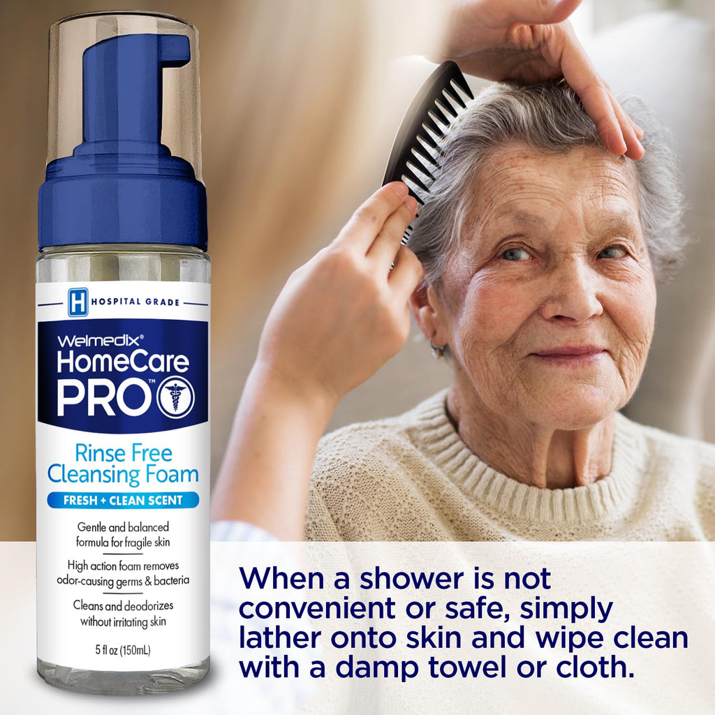 Welmedix HomeCare PRO No Rinse Body Wash Cleansing Foam, Easier Cleansing for Caregivers Managing Incontinence, Pressure ulcers, bedsores + use with Adult Wipes, Disposable washcloth (5oz)