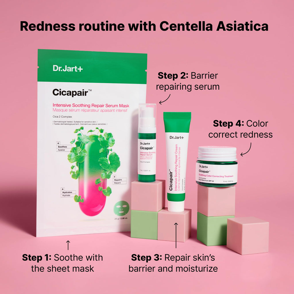 Dr.Jart+ Cicapair Redness Rescue Regimen Korean Skin Care Set with Centella Asiatica | 4 Piece Travel Size Value Gift Set