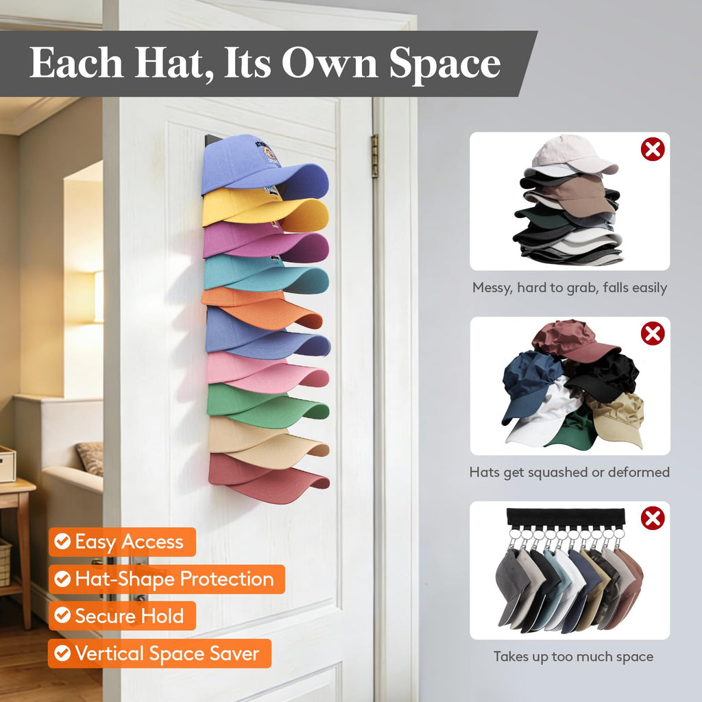 Lifewit Wall-Mounted Hat Organizer, 20 Baseball Caps Storage with Elastic Clamps (Each Holds 10), Hat Display Rack for Door, Retail Store, Nails or Adhesive, Closet Cap Holder, Black, 2-Pack