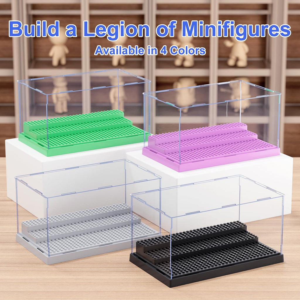 Mlikero 2 Pack Display Case for Minifigures Action Figures Blocks, Clear Dustproof Acrylic Display Box Storage with 3 Movable Steps Gifts for Children,Gray…