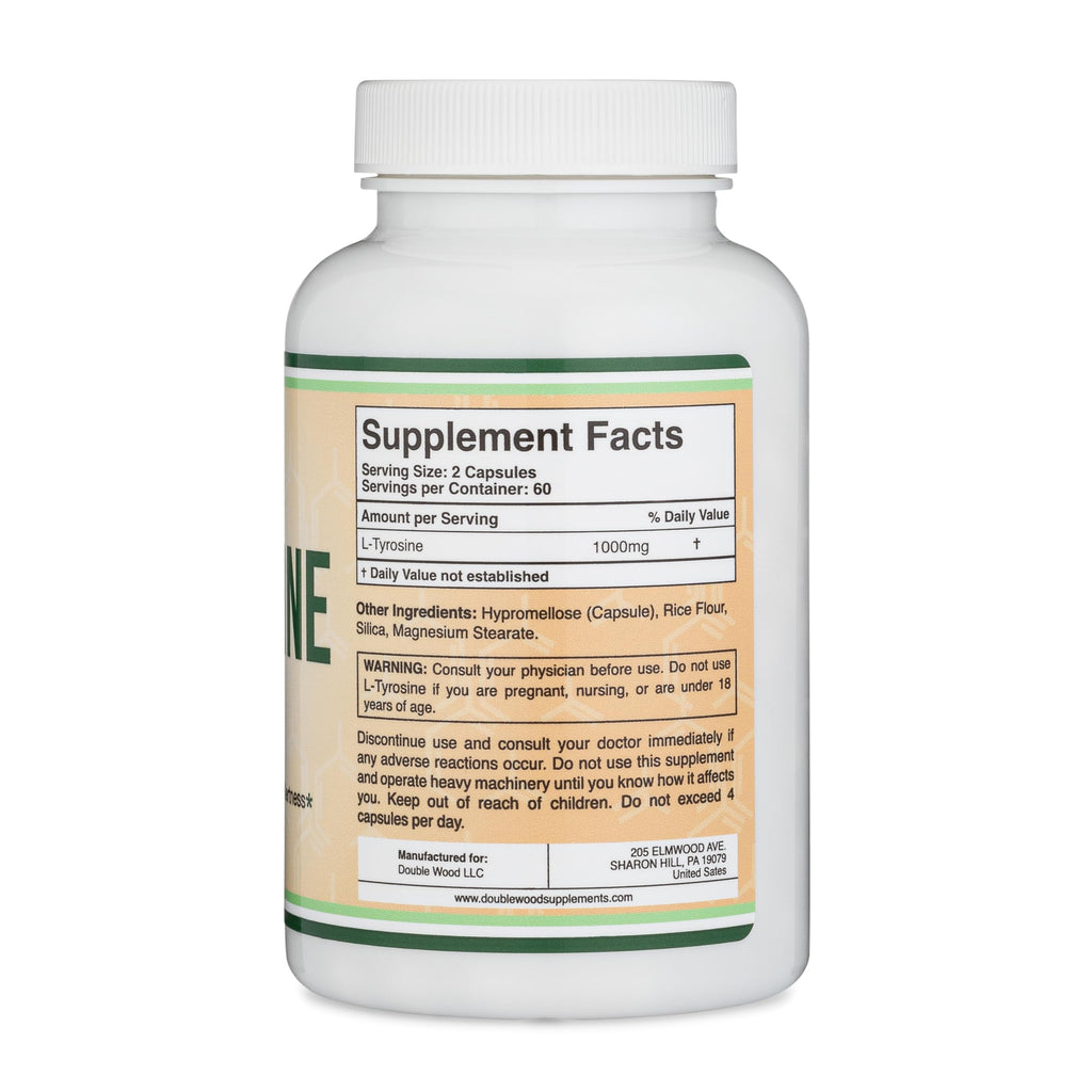 L-Tyrosine 1,000mg per Serving, 120 Veggie Capsules (L Tyrosine Supplement for Memory, Attention, and Focus) Amino Acid, Vegan Safe, Non-GMO by Double Wood (Pack of 2)
