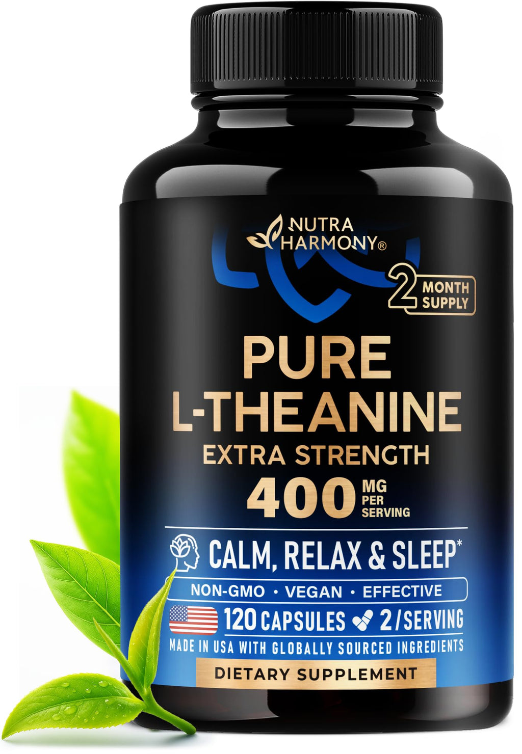 L Theanine 400 mg | L-Theanine Stress Relief | Extra Strength Supplement | Made in USA | Relaxation, Sleep & Calm Support | For Men & Women | Plant Based, Non-GMO & Gluten-Free | 180 Vegan Capsules