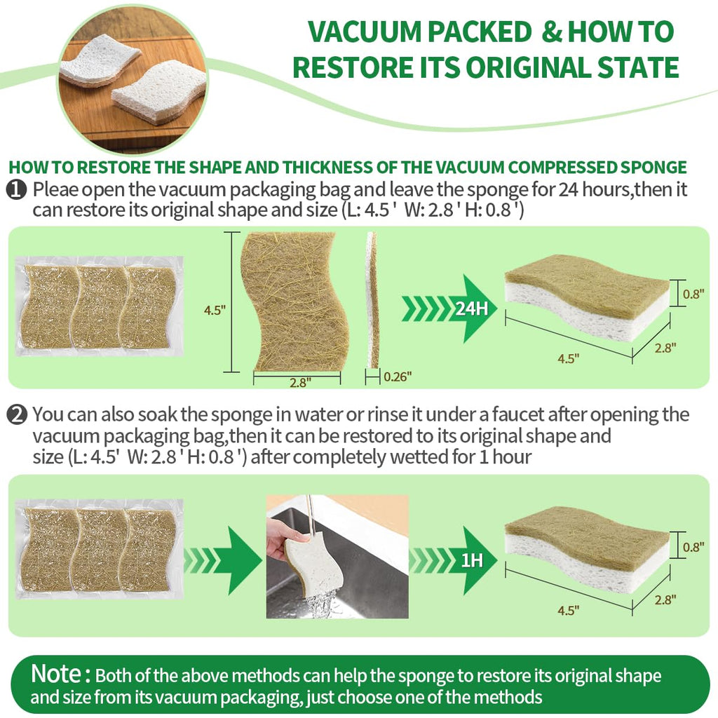 Sponges Kitchen Natural Dish Sponge Plant-Based Biodegradable Compostable Cellulose with Coconut Scrubber Sponge Non Scratch Eco Friendly Kitchen sponges for Kitchen Dishes（Pack of 24）