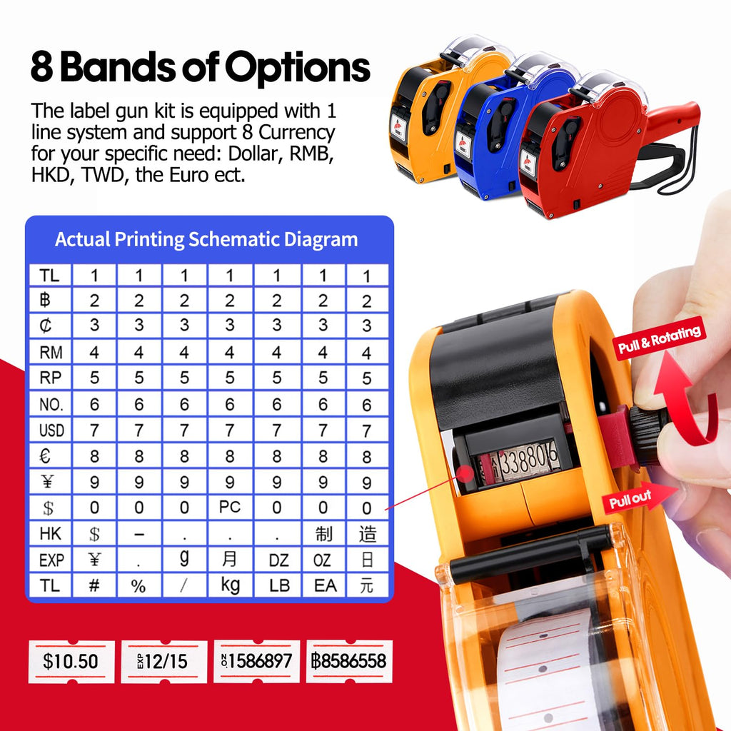 KPX Pricing Tag Gun, 8 Digits, 5150 White Labels, Yellow (Rectangular, Paper, 21*12 mm), One Touch Open System, Incl 3 Inker Rollers
