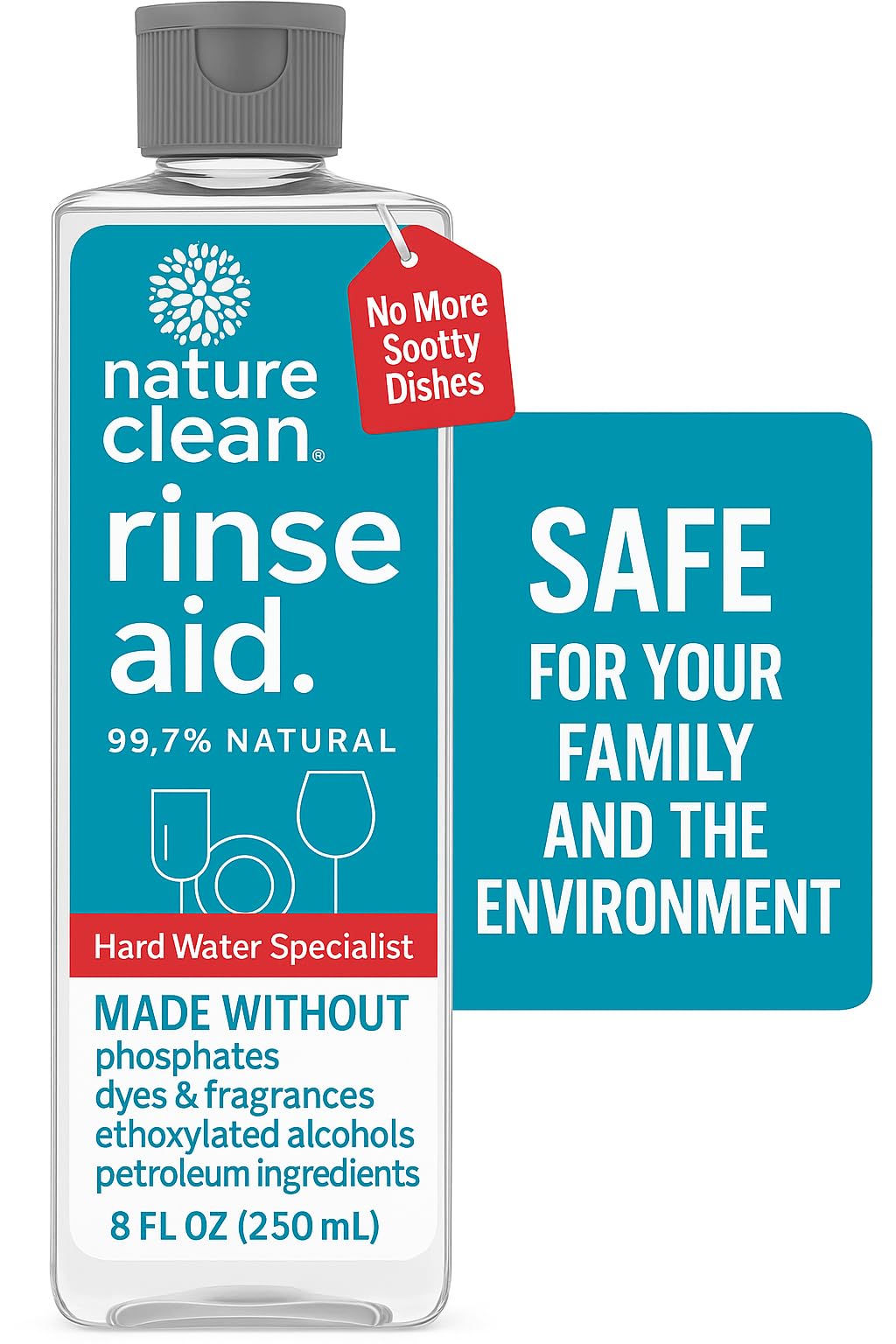 Nature Clean Dishwasher Rinse Aid Liquid, Non Toxic Natural Formula, Spot Free Shine for Glasses & Dishes, Hard Water Stain Remover, Dishwasher Drying Agent, 8 oz/250 ml Pack of 12