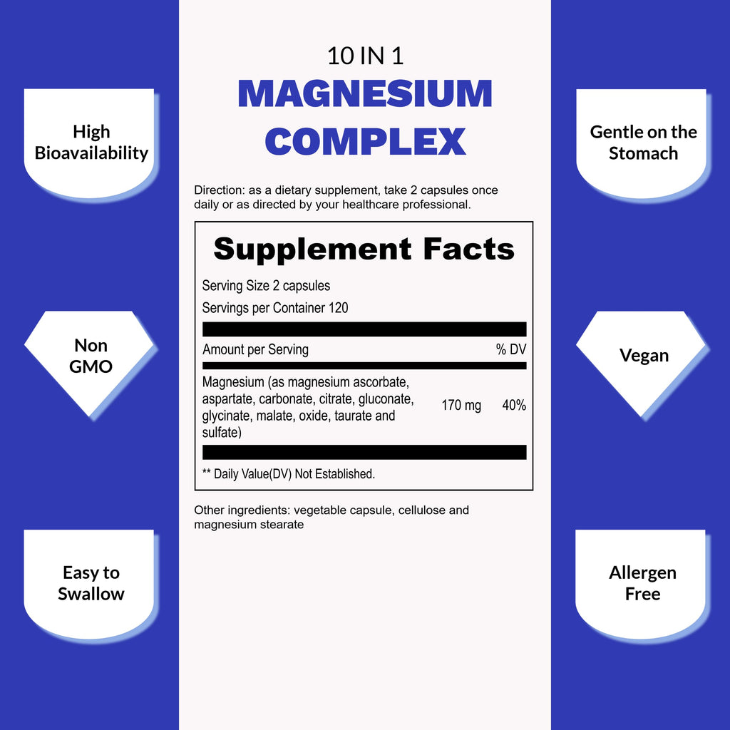 UpNourish Magnesium Supplement - 10 in 1 Magnesium Complex - Full Spectrum Magnesium Mineral Supplements with Glycinate, Citrate, Taurate, Malate, Carbonate, Oxide and More, 240 Vegan Capsules
