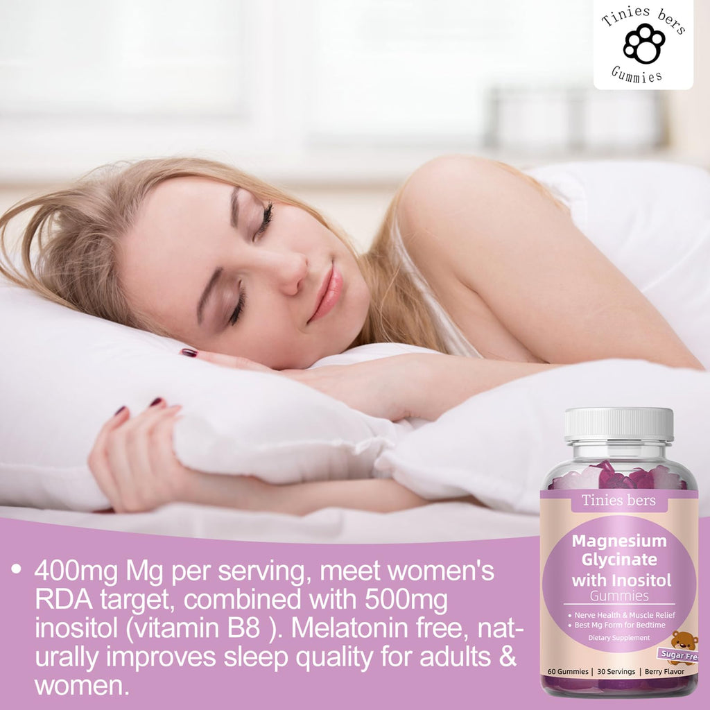 Magnesium Glycinate Gummies 400mg, w/Inositol 500mg for Women, Mineral & VIT B8 for Sleep, Stress & Muscle Relief, Metabolism Health, Sugar Free, No Melatonin, Gluten Free, Non GMO, Vegan, Pectin, 60