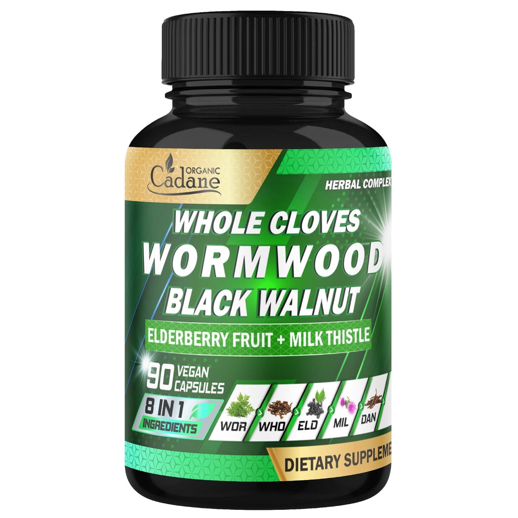 Organic Cadane Wormwood Whole Cloves Black Walnut | Digestive & Herbal Support | Elderberry, Milk Thistle & More | Non-GMO, Vegan – 90 Capsules – 45-Day Supply