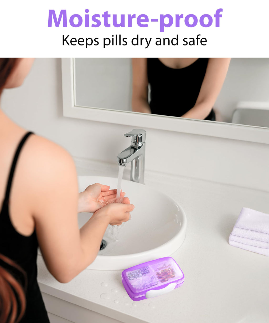 Travel Pill Organizer – Moisture-Proof Medicine Pill Organizer with Labels, 8 Compartment Pill Box Case for Vitamins & Supplements, Portable Pocket Pharmacy (Purple)