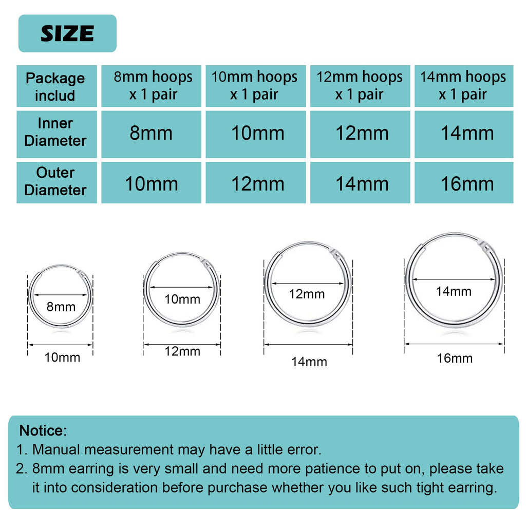 EPIRORA Silver Hoop Earrings- Cartilage Earring Small Hoop Earrings for Women Men,4 Pairs of Hypoallergenic 925 Sterling Silver Tragus Earrings(Silver,8mm/10mm/12mm/14mm)