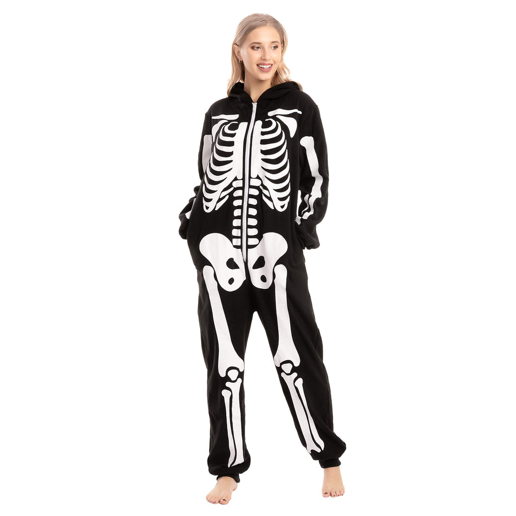 Spooktacular Creations Halloween Skeleton Costume, Adult Skeleton Costume, Unisex Adult Jumpsuit Plush Hoodie Zipper Jumpsuit for Men Women Halloween Dress-up Cosplay Themed Parties Black