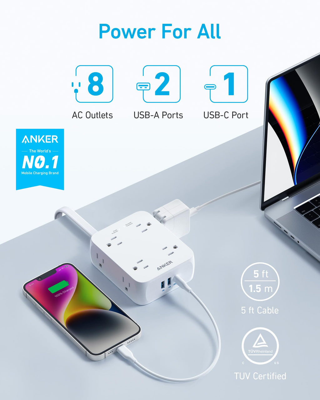 Anker Power Strip with 2000J Surge Protector, 5ft Outlet Extender, 20W, 8AC