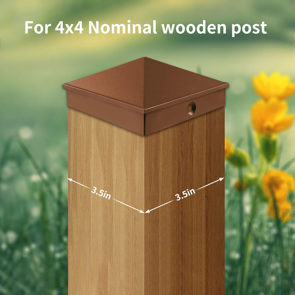 Azdele 4x4 Heavy Duty Aluminum Pyramid Post Caps Cover for 4x4 Nominal Wood Post(True 3.5" x 3.5"), with Matte Finish Powder Coated Surface, Fence Wood Post of Decks or Corridors, Brown, 4 Pack