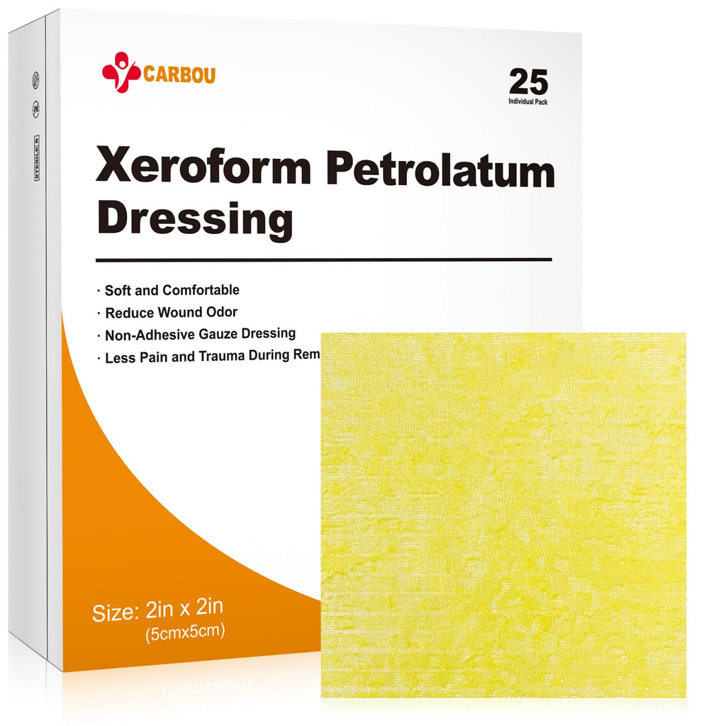 Carbou Medical Xeroform Petrolatum Dressing 2"x2", 25 Pack, Non-Stick Gauze