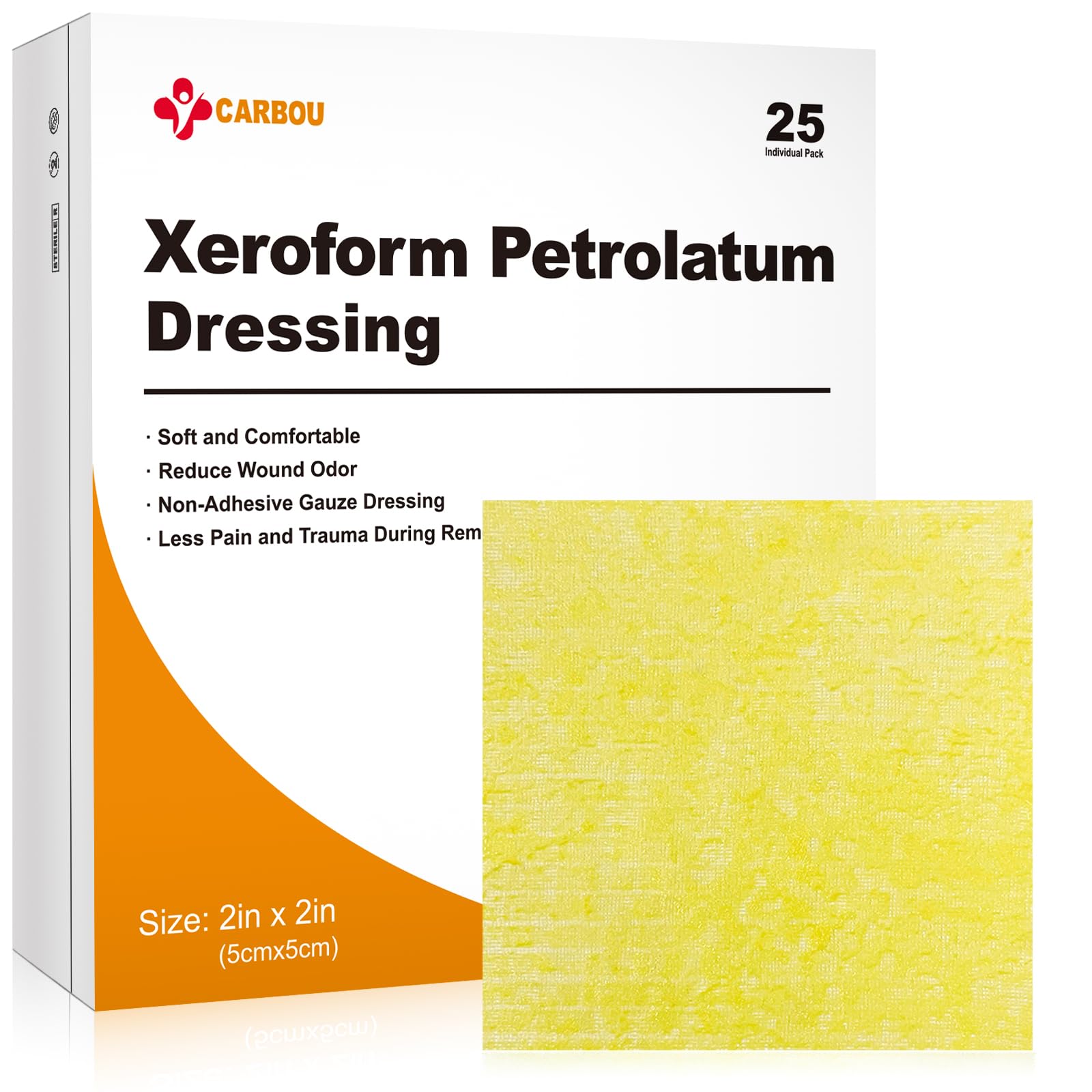 Carbou Medical Xeroform Petrolatum Dressing 2"x2", 25 Pack, Non-Stick Gauze