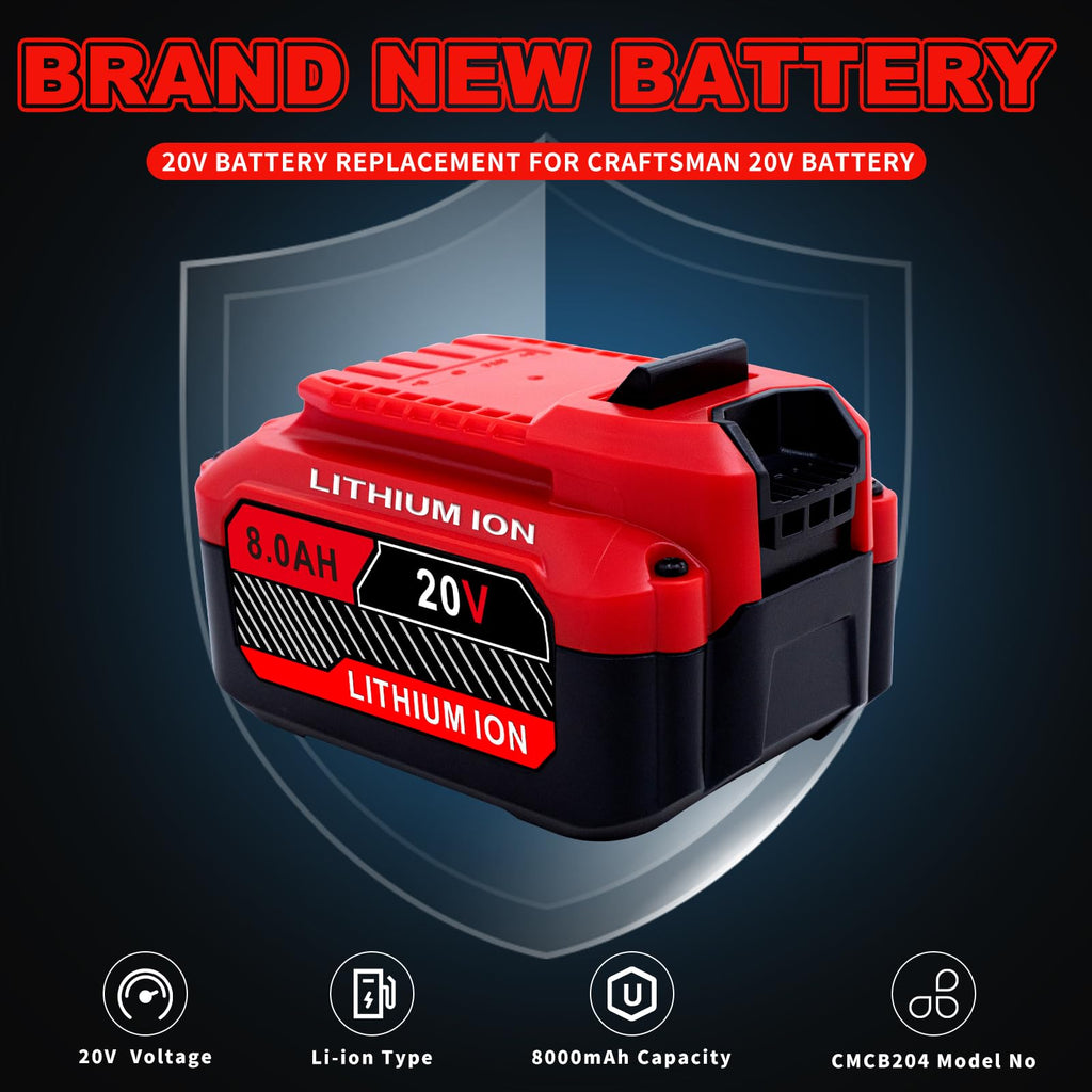 Cheerlark Upgrade 2-Pack 20V 8.0Ah Replacement for Craftsman 20V Battery V20 Lithium ion Batteries Compatible with CMCB205 CMCB204 CMCB206 CMCB202 CMCB201 20V Cordless Power Tools