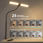Motumen Led Desk Lamp for Home Office, Eye-Care Architect Light with Clamp, Smart Double Head Computer Monitor Table Clip Lamp, Adjustable Flexible Goose-Neck, 25 Lighting Models, Task Lamp, Black