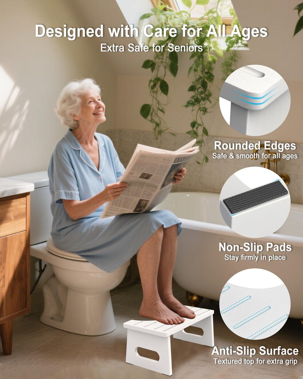 Foldable Toilet Stool, 7.5 Inches Bamboo Toilet Stool Squat for Adults, Collapsible Poop Stool for Bathroom, Potty Step Stool with Non-Slip Strip