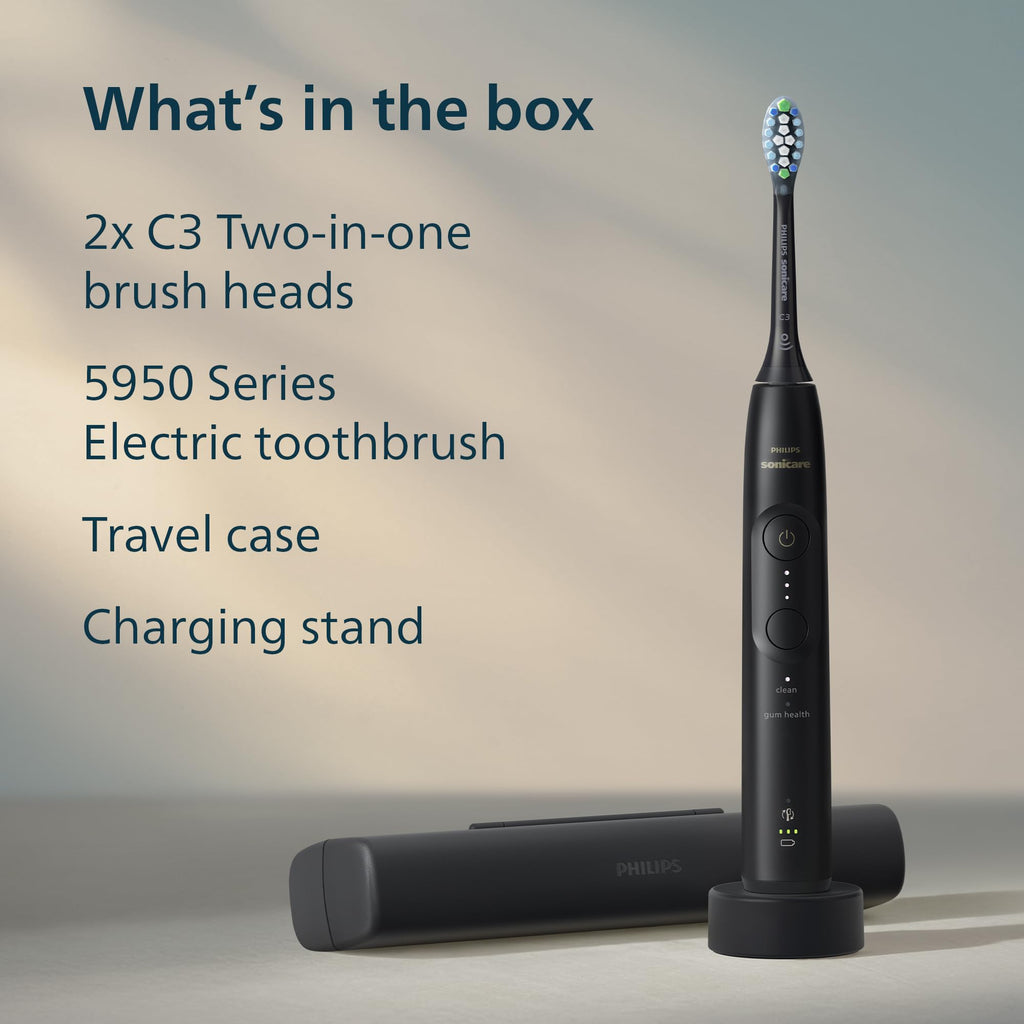 Philips Sonicare 5950 Series Electric Toothbrush, with Pressure Sensor, for Sensitive Gums, 6 Brushing Settings, SmarTimer, BrushPacer, 21-Day Runtime, Travel Case, Black, HX7131/03