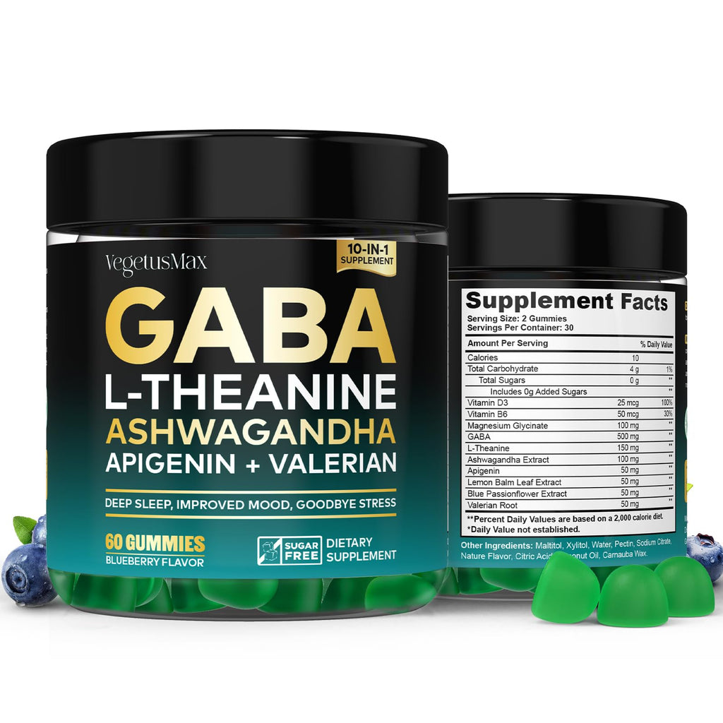 GABA Gummies 500mg for Relaxation, Calm Mood & Sleep Support, Calm Gummies with L Theanine, Ashwagandha, Magnesium, Vitamins D3, B6, GABA Supplement for Adult, Blueberry 60 Count (Pack of 1)