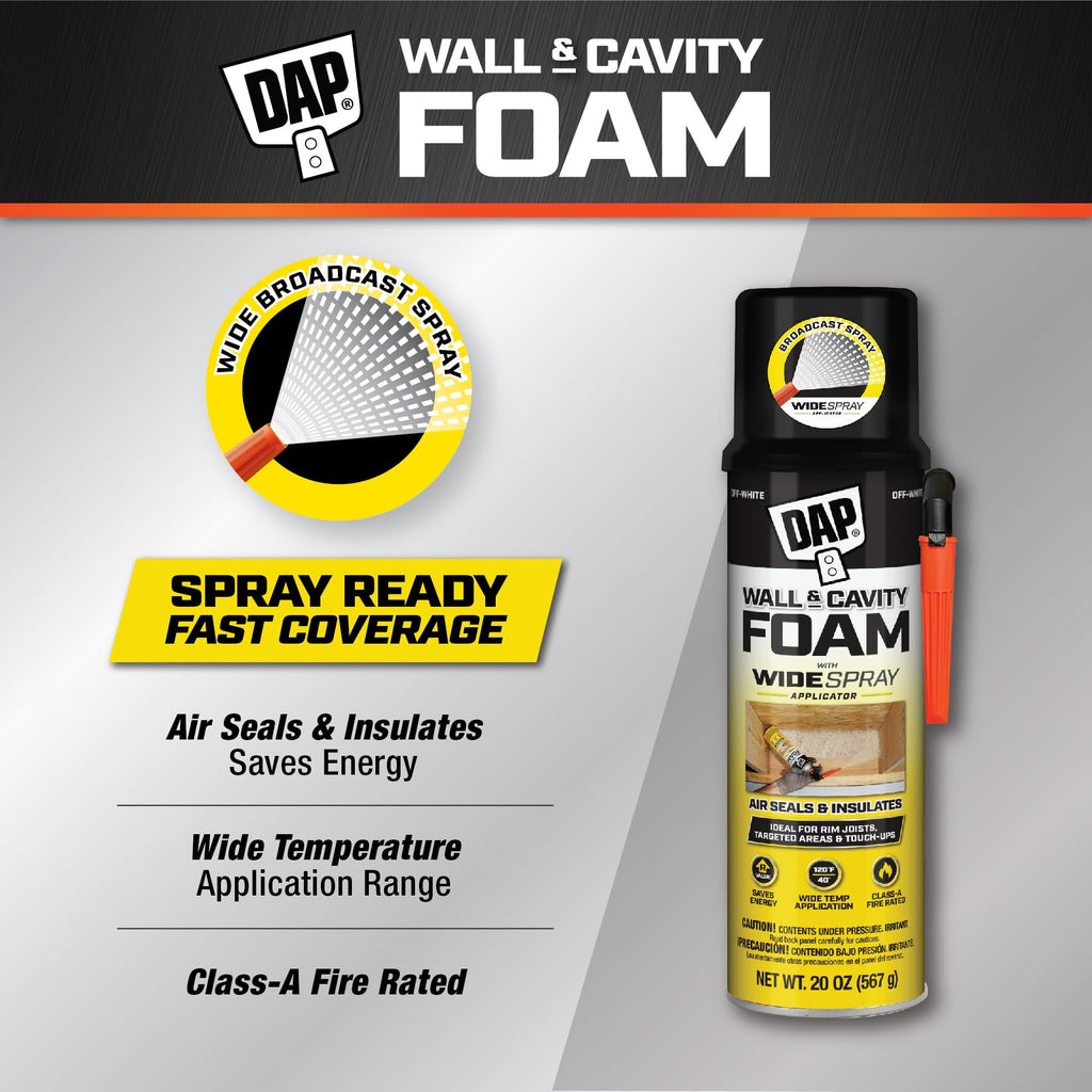 DAP Wall and Cavity Foam with Wide Spray Applicator Aerosol, Off White, 20 oz. (7565000370) (Pack of 6)