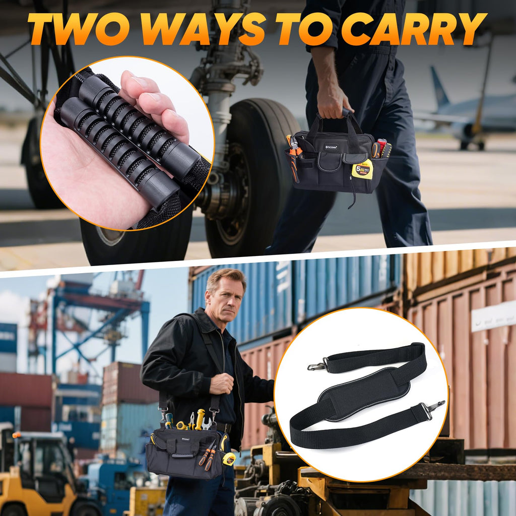 TICONN Heavy Duty Tool Bag with Multi-Pockets, Portable Tool Box Organizer Storage Bag, with Adjustable Shoulder Strap and Ergonomic Handle (Black, 12" Standard Base)