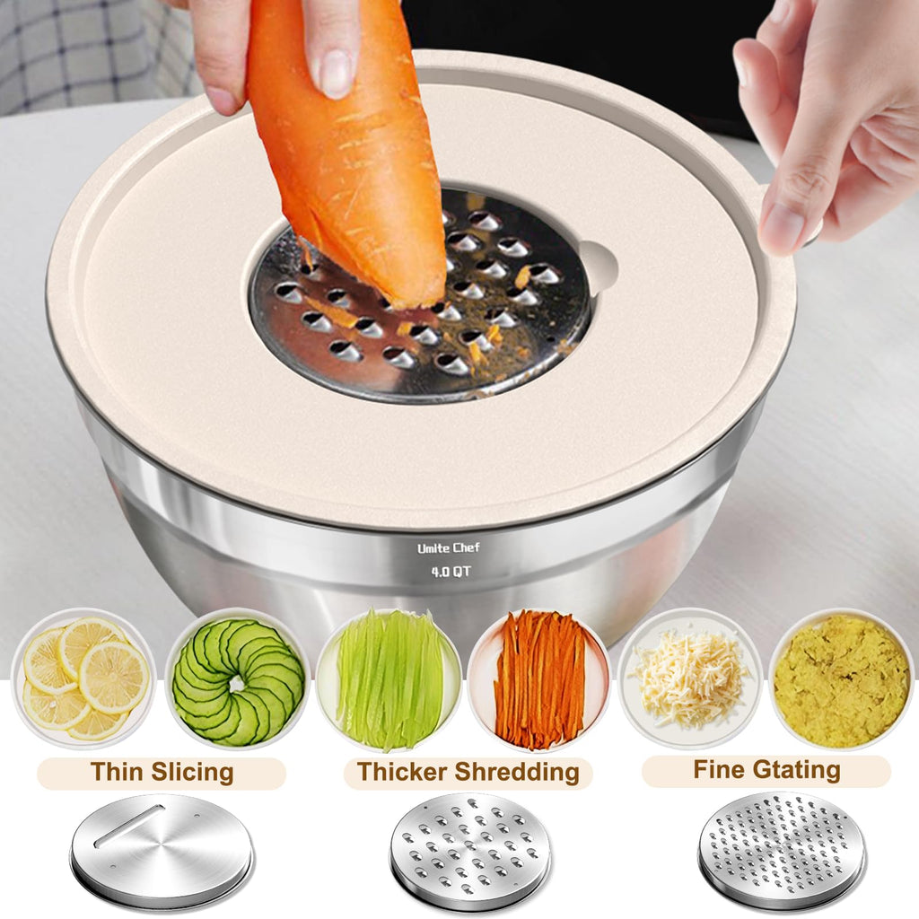 Umite Chef Mixing Bowls with Airtight Lids Set, 8PCS Stainless Steel Nesting Bowls with Grater Attachments, Non-Slip Bottoms, 5, 4, 3.5, 2, 1.5QT for Mixing & Serving