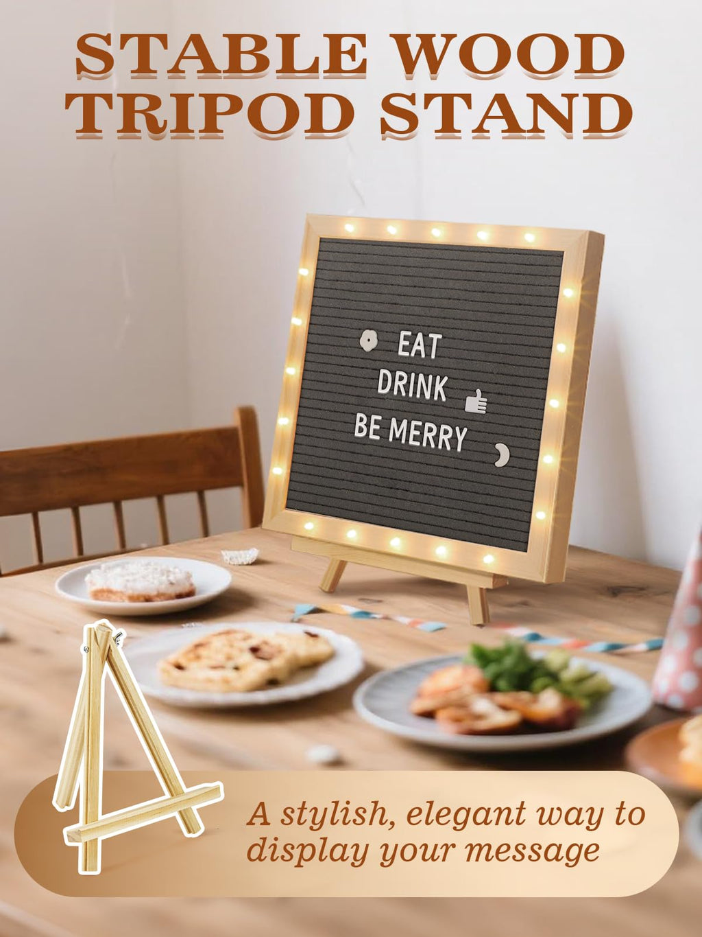 Changeable Felt Letter Board with LED Lights - 10��10" Message Custom Signs & Wood Stand & 450 Letters, Poster Board for Christmas/Pregnancy/Baby Announcement/Classroom Wall Decor Gifts, Grey