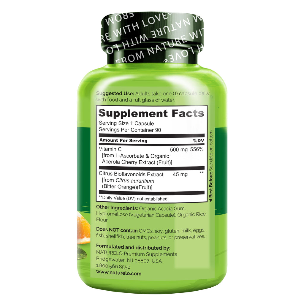 NATURELO Vitamin C with Organic Acerola Cherry Extract and Citrus Bioflavonoids - Vegan Supplement - Immune Support - 500 mg VIT C per Cap - Non-GMO - 90 Capsules