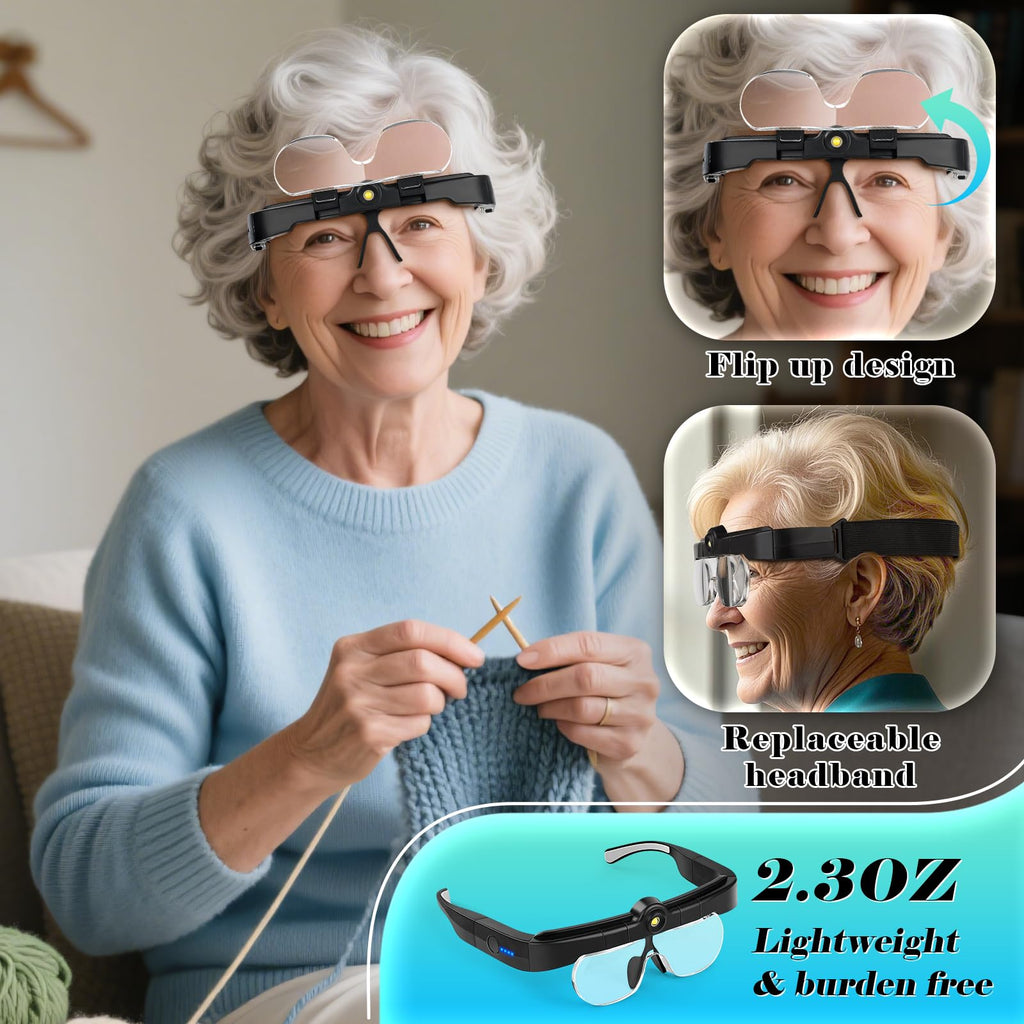 Magnifying Glass with Lights, Headband Hands Free Magnifying Glasses for Close Work, Flip-up Magnifier with 3 Color Temperature, 1.5X to 5.0X Lenses for Jewelry Crafts Soldering Repair (Black)