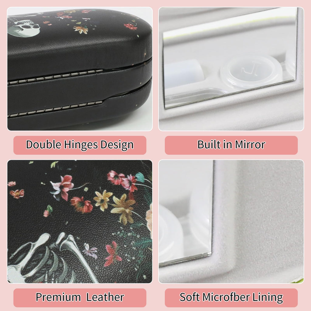 FlyingMage 2 in 1 Contact Lens Case and Eyeglasses Case for Women Men Kids, Double Sided Hard Shell Portable Glasses Travel Holder with Built-in Mirror, Contact Lens Box Storage Kit (Black Skull)