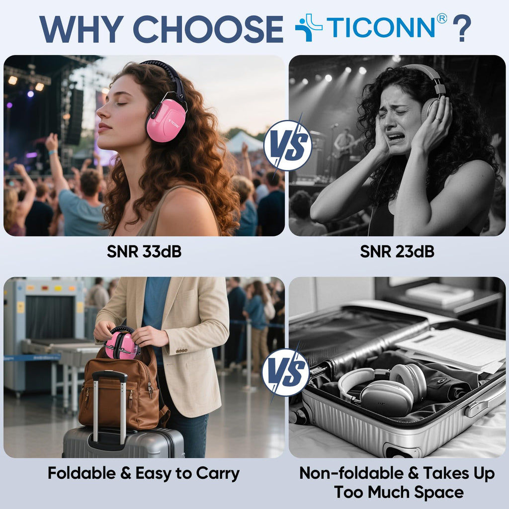 TICONN Noise Cancelling Ear Muffs for Adults, SNR 33dB Hearing Protection, Adjustable Safety Earmuffs for Construction (Soft Pink)