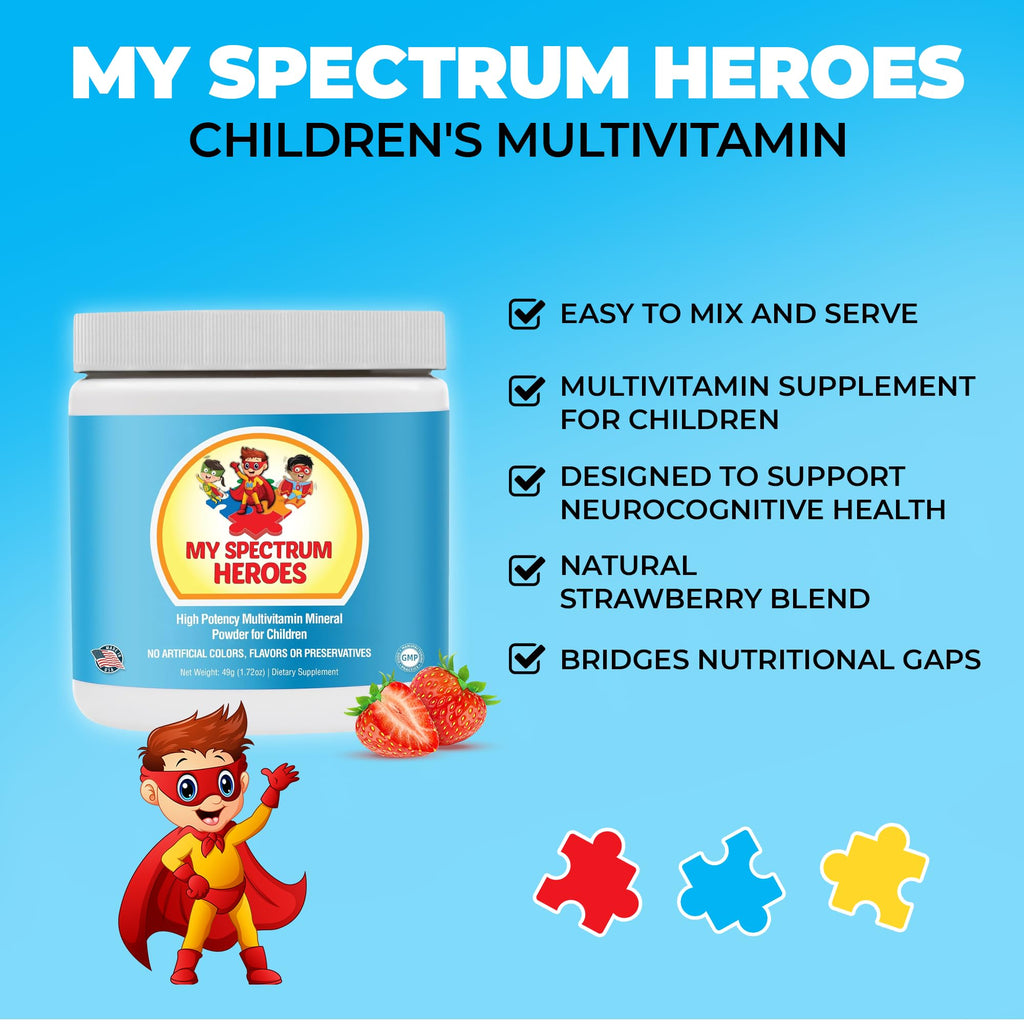 My Spectrum Heroes Kids Powder Multivitamin - Strawberry Powder Supplement, Better Absorption, Non-GMO, Non-Gluten, No Artificial Ingredients - Neural Help for Children on The Spectrum - 30 Servings