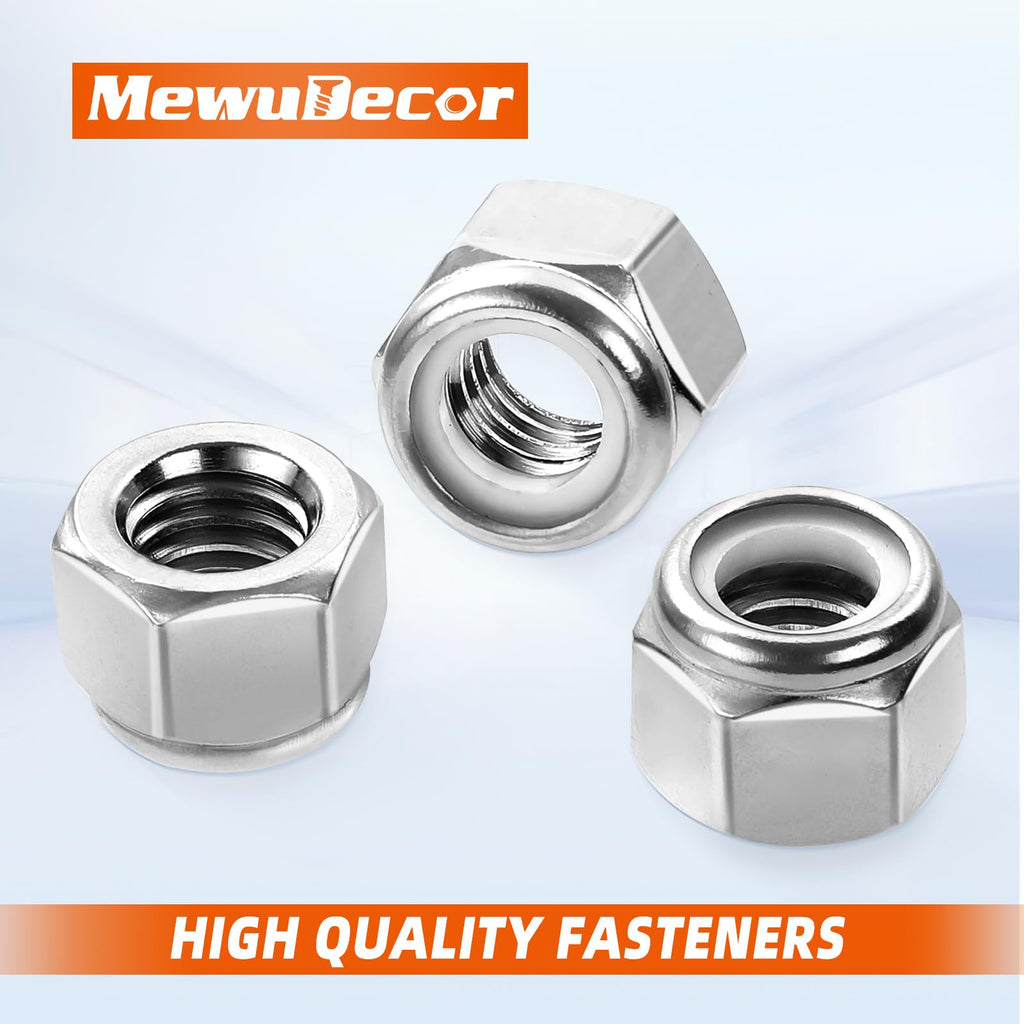 MewuDecor #10 32 Nylon Insert Hex Lock Nuts Locknuts, 304 Stainless Steel 18-8, Bright Finish, 50 PCS
