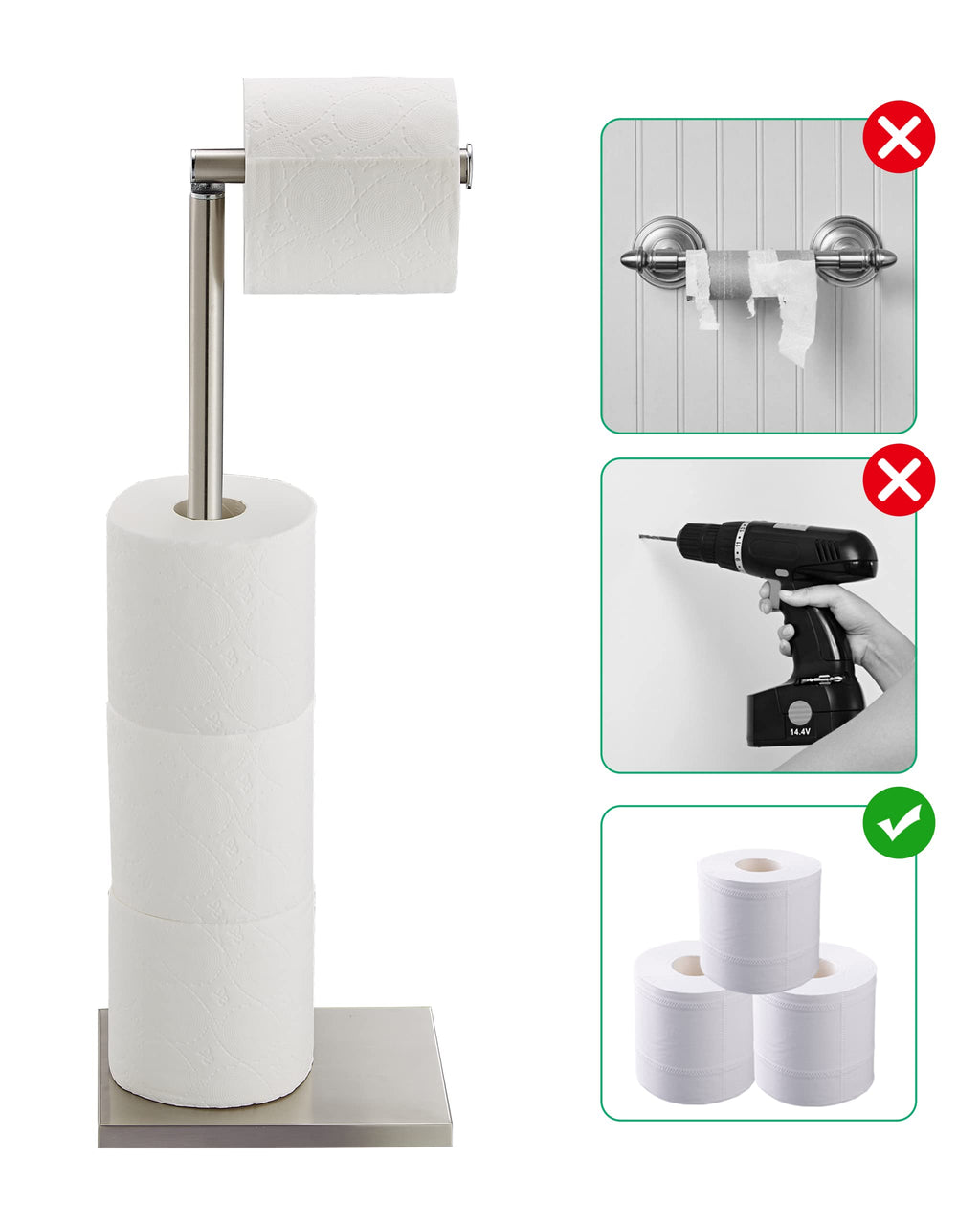 Toilet Paper Holder Stand, Free Standing Toilet Paper Roll Holder with Reserve for Bathroom, Stainless Steel DECLUTTR