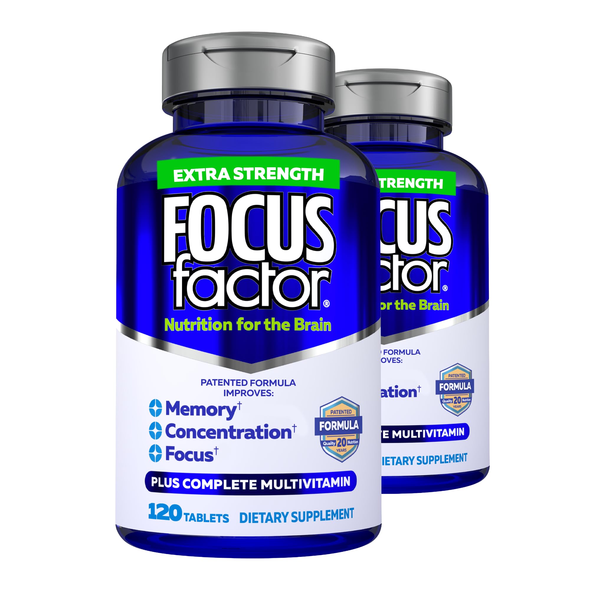 Focus Factor Adults Extra Strength, 120 Count - Brain Supplement for Memory, Concentration and Focus - Complete Multivitamin with DMAE, Vitamin D, DHA - Trusted Health Vitamins (Pack of 2)