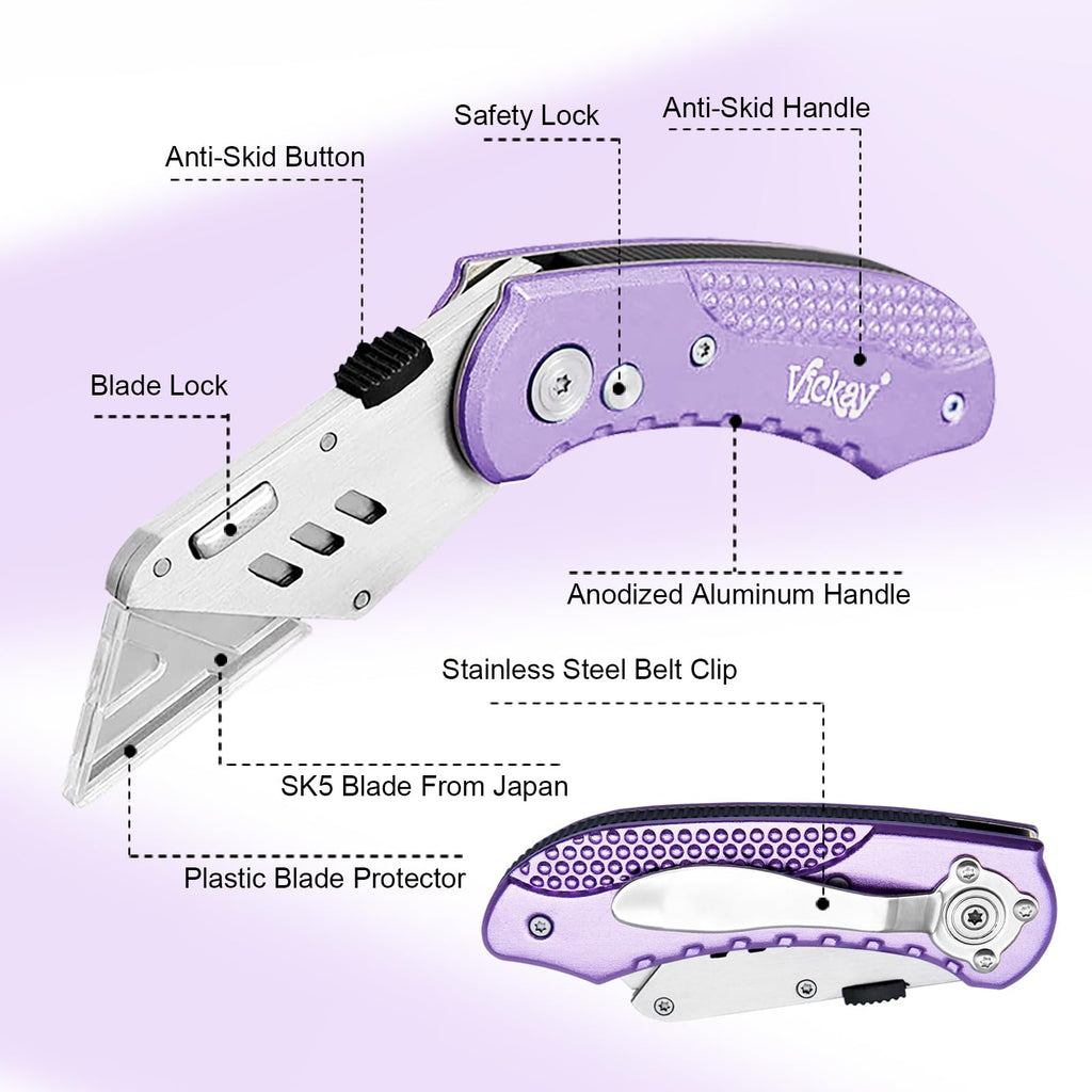 Vickay Folding Utility Knife, Box Cutter with 5 SK5 Quick Change Blades, Safety Axis Lock Design Razor Knife, Lightweight Aluminum Handle Belt Clip for Office Home Artcraft （Light Purple)