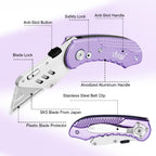 Vickay Folding Utility Knife, Box Cutter with 5 SK5 Quick Change Blades, Safety Axis Lock Design Razor Knife, Lightweight Aluminum Handle Belt Clip for Office Home Artcraft （Light Purple)
