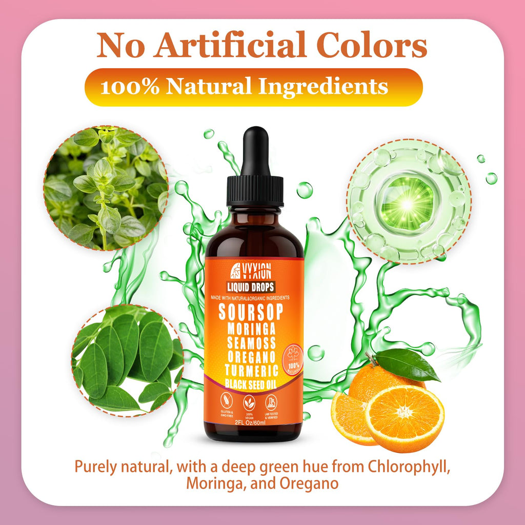 Soursop Bitters Liquid Drops 10 in 1 with Sea Moss, Moringa, Turmeric, Black Seed Oil, Oregano, Ashwagandha | Herbal Extracts for Overall Health-Enhancing | Vegan, Non-GMO | 2 Fl Oz (Orange Flavor)