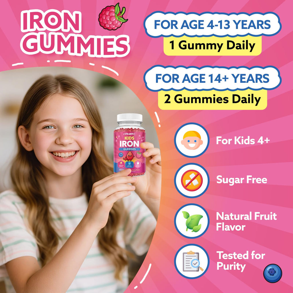 Iron Gummies for Kids & Teens, Kids Multivitamin with Iron Supplement, Calcium, Folate, Zinc, Prebiotic - for Blood Builder & Energy Support, Iron Deficiency - Vegan & Non-GMO - 60 Count Mixberry