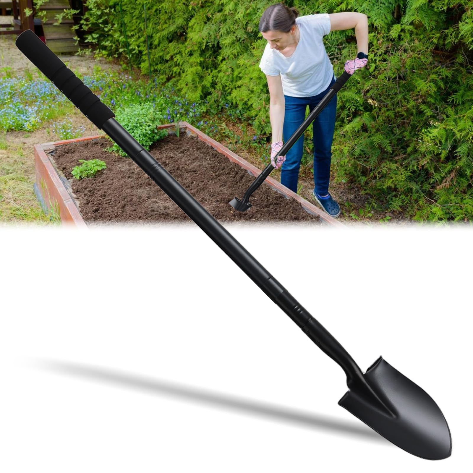 Small Round Point Digging Shovels, Garden Spade Shovel Beach Shovels with 43.3in Handle,Heavy Duty Portable Metal Shovel for Gardening Camping Trenching Digging Landscaping,Off-Road Use, Black