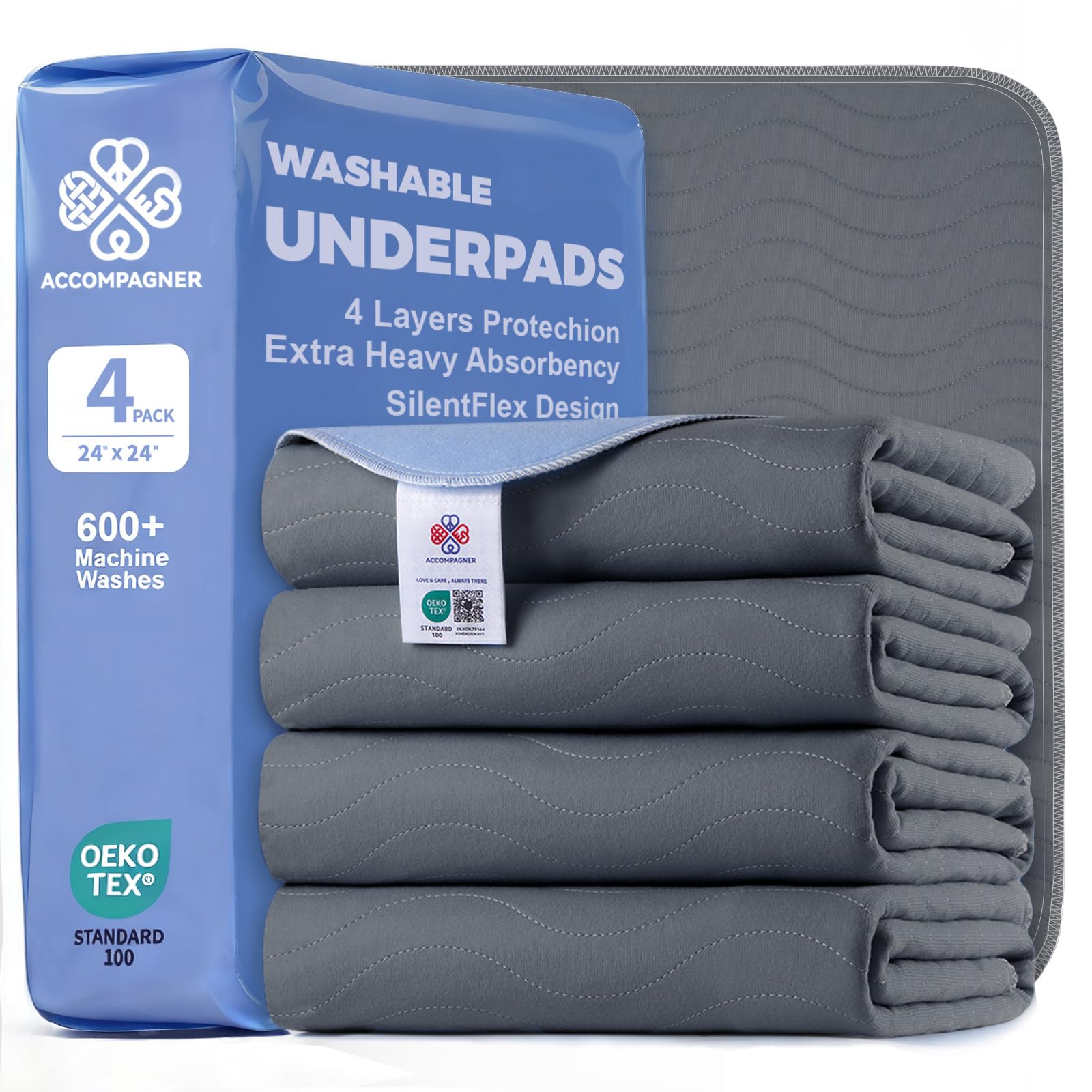 Accompagner Waterproof Reusable for Adults and Pets Washable Pee Pads for Dogs Changing Pad Large Dog Bed Size Adults Incontinence Bed Pads - Non-Slip Leak-Proof (Dark Gray, 24"x24"(Pack of 4))