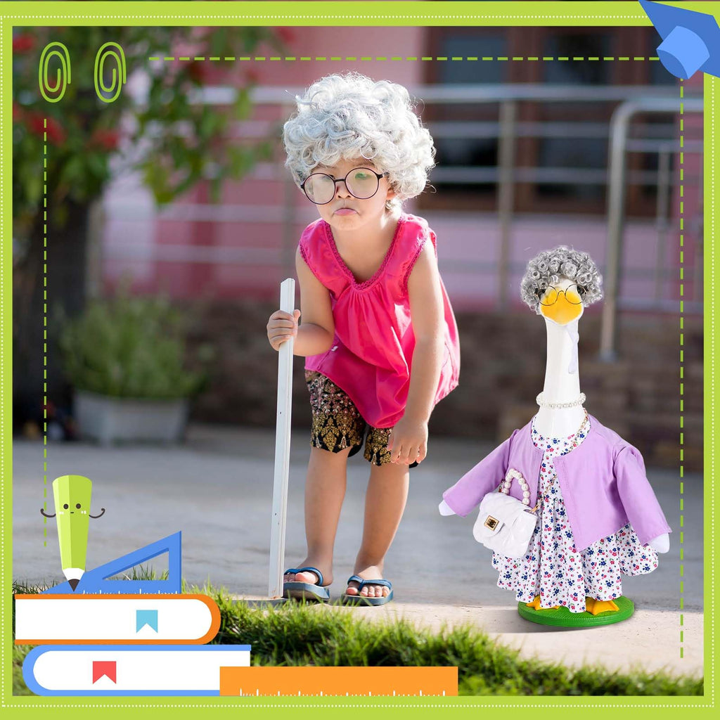 JcHrmers Old Lady Porch Goose Outfits Grandma Goose Clothes Old Lady Floral Goose Costume with Curly Wig Necklace Bag Fits 23" Geese Statue for School Lawn Patio Yard Garden Decor (Purple)