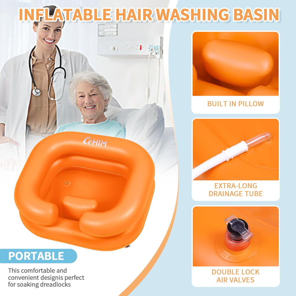 Cehim Inflatable Shampoo Basin - Portable Shampoo Bowl, Hair Washing Basin for Bedridden, Disabled,Injured, Hair Wash Tub for Dreadlocks and at Home Sink Washing (Orange, 15in Inner)