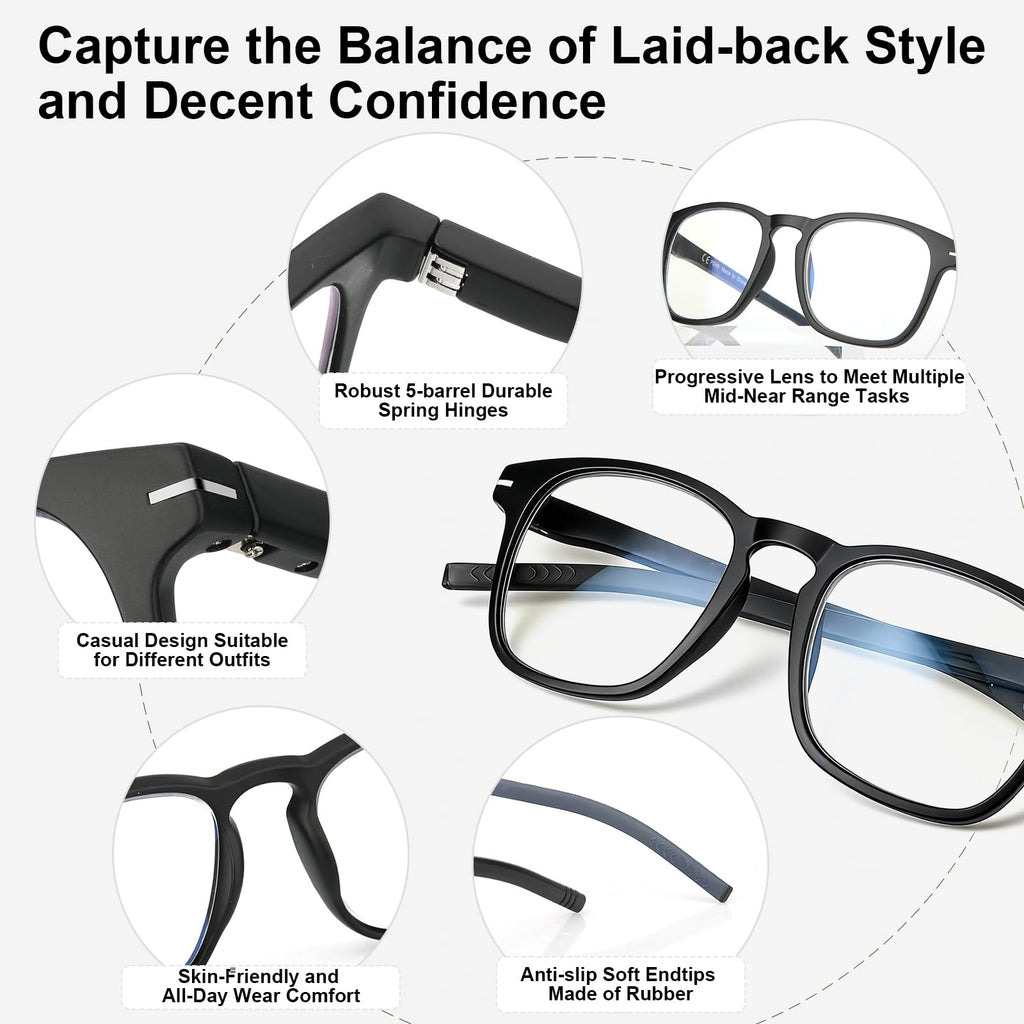 Missfive Versatile Progressive Multifocus Reading Glasses Men, Advanced Wider Spring Hinges Multifocal Computer Readers with Anti-Slip Soft Rubber Tips, No-Line Anti-Blue Light for Near Range +2.50