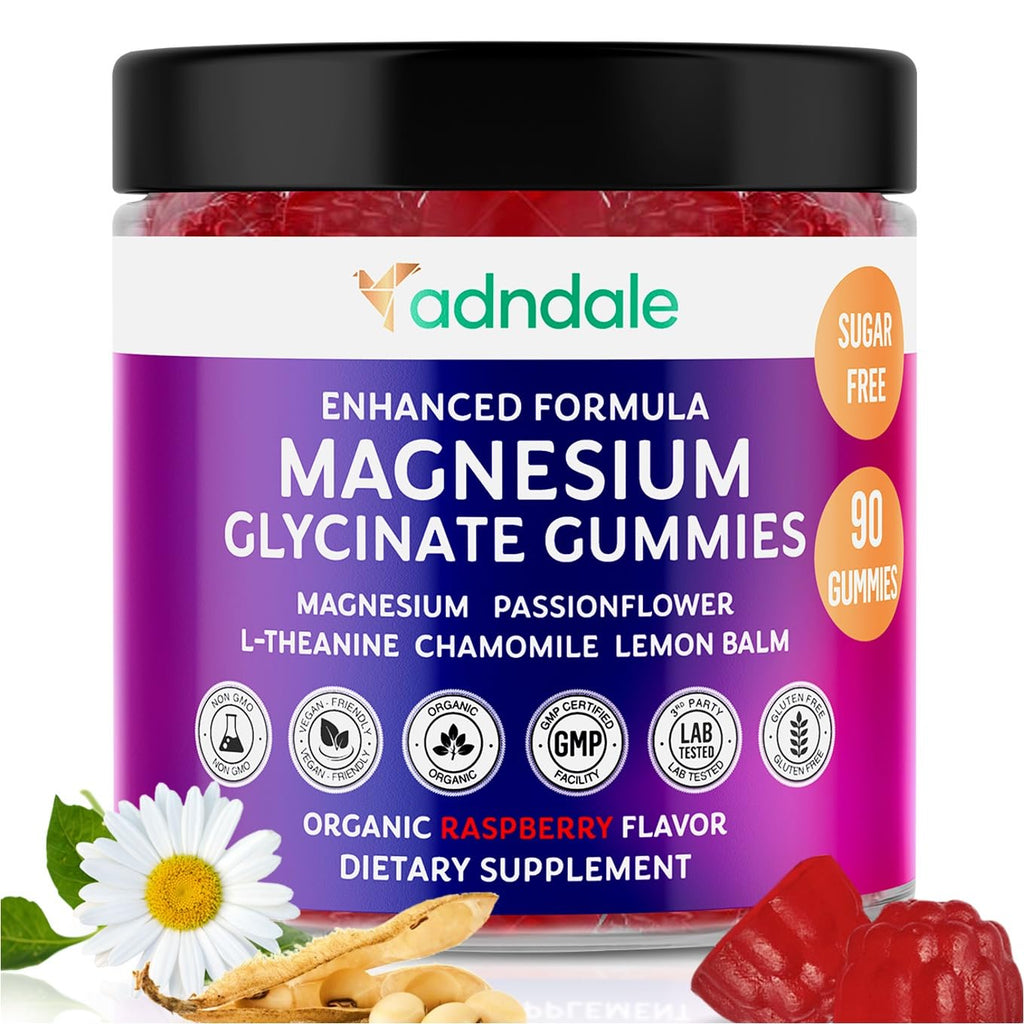 Adndale Magnesium Glycinate 400 mg Gummies with Ashwagandha, Magnesium Malate & Taurate, Tart Cherry, Magnolia Bark, Lemon Balm, Passionflower, Chamomile, L-Theanine, Zinc, Vitamin K2 & D3. 180CT